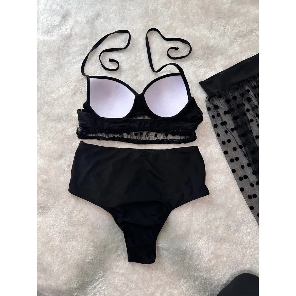 Black Polka Dot 3 Piece Bikini Set with Mesh Sarong Skirt High Waist Small